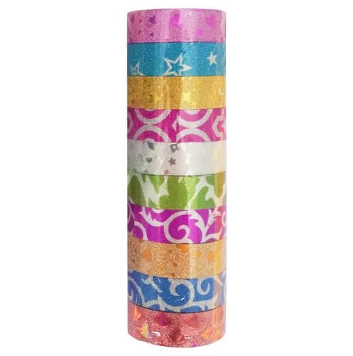 Set 10 rollos washi tape multicolores glitter diseños kawaii